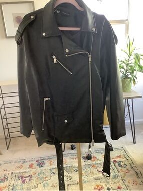 Zara Black Faux Leather Biker Jacket with Silver Hardware